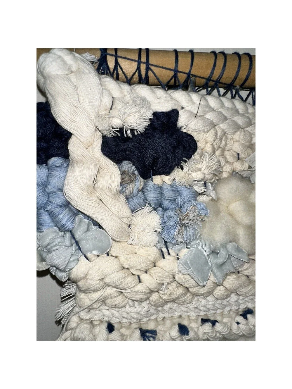 Handmade Roving Wool Velvet Tapestry Wall Hanging Bohemian Boho Ivory Blue 15
